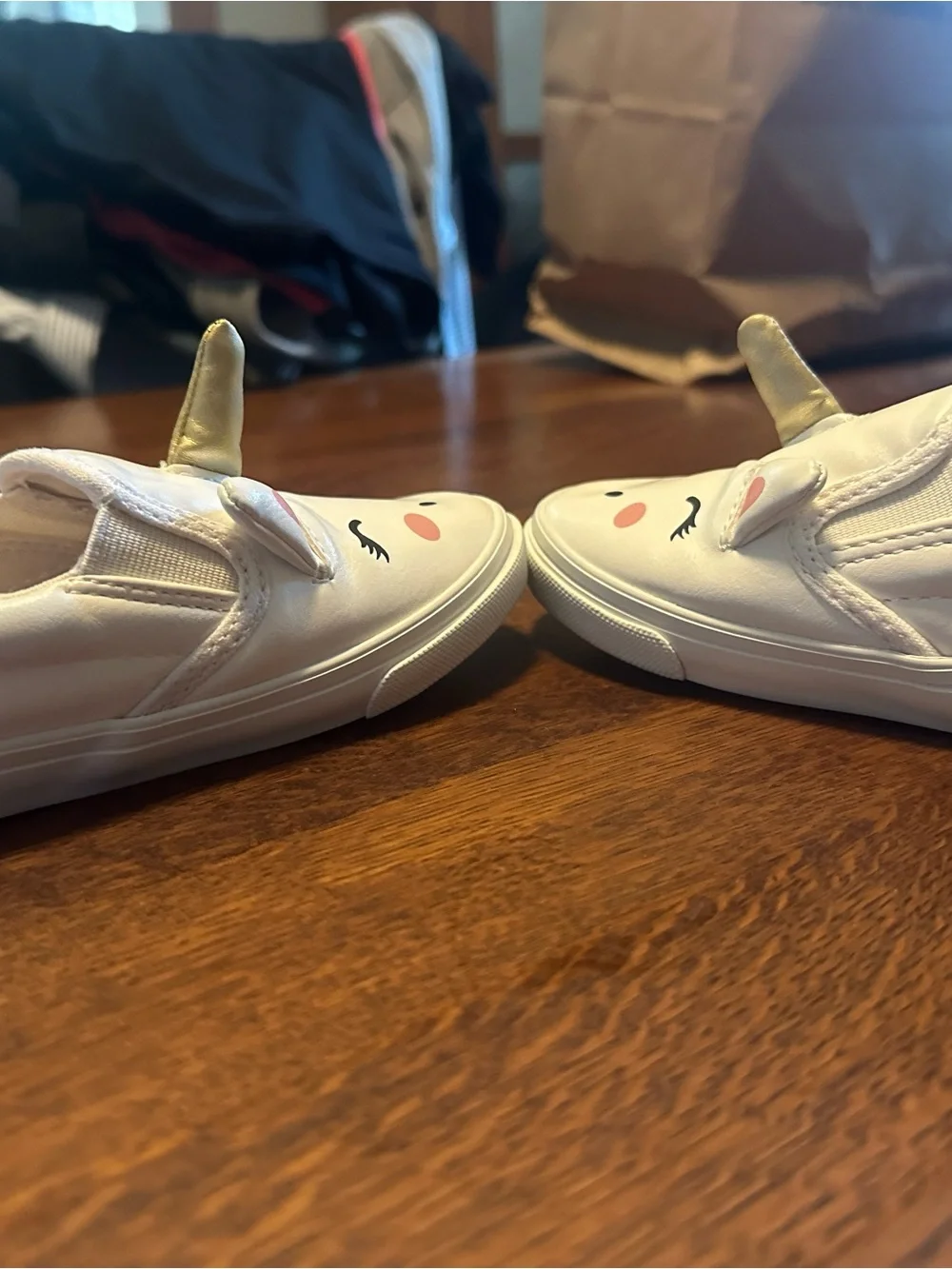 Old Navy White Kids Unicorn Slip-On Sneakers with Pink Accents and Gold Horns